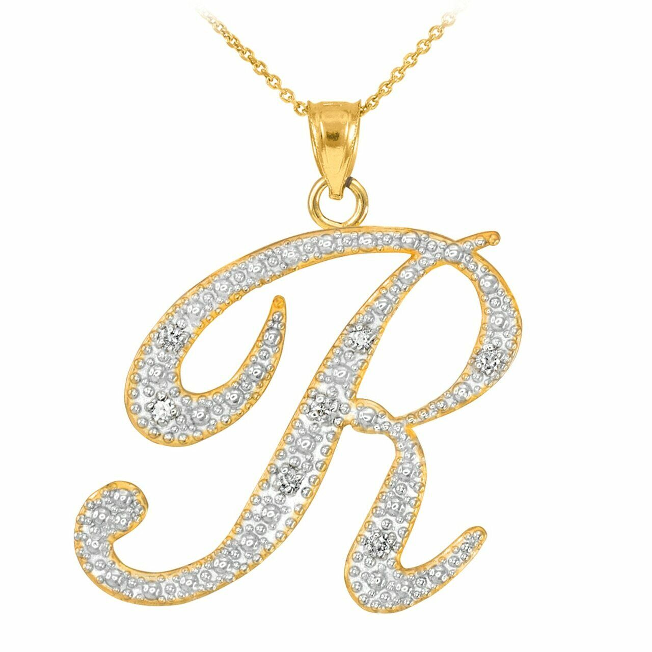 14k Solid Real Yellow Gold Diamonds Initial Script Letter R Pendant Necklace