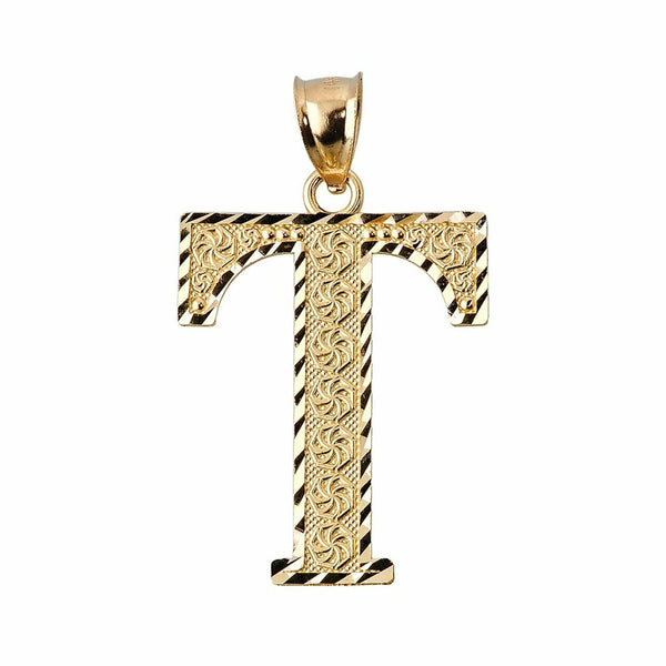 Solid 10K Yellow Gold Diamond-cut Initial Letter Pendant Necklace S