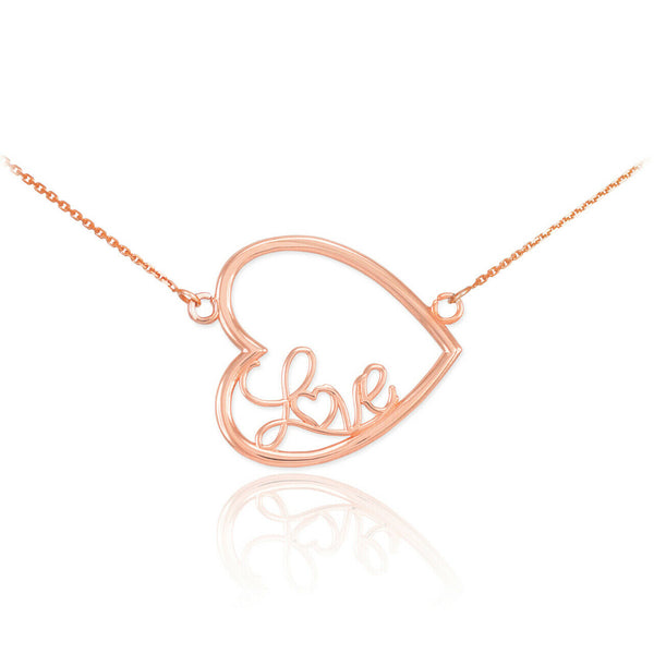 14K Rose Gold Dainty Sideways Open Heart Love Script Necklace Valentine's Day