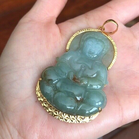 Certified 14K Solid Gold Large Kwan Yin Buddha Natural Jade Pendant - P119