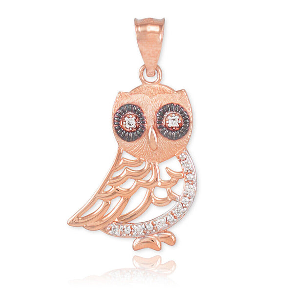 10K Solid Gold Bohemian Owl Diamond Pendant Necklace - Yellow, Rose, or White
