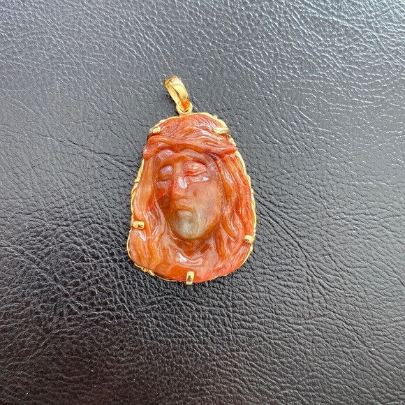 14K Real Solid Gold Red Jade Carved Jesus Christ Head Pendant Charm
