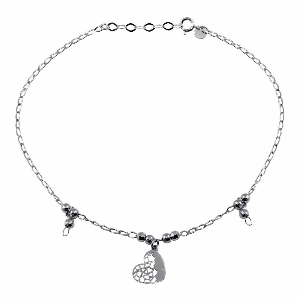 NWT Sterling Silver 925 Rhodium Plated Heart and Beads Anklet