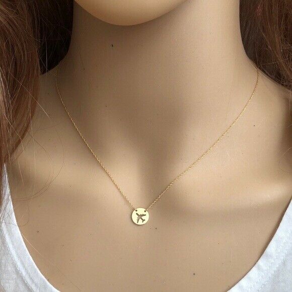 14K Solid Gold Mini Disk Disc Air Plane Dainty Necklace - Minimalist Yellow
