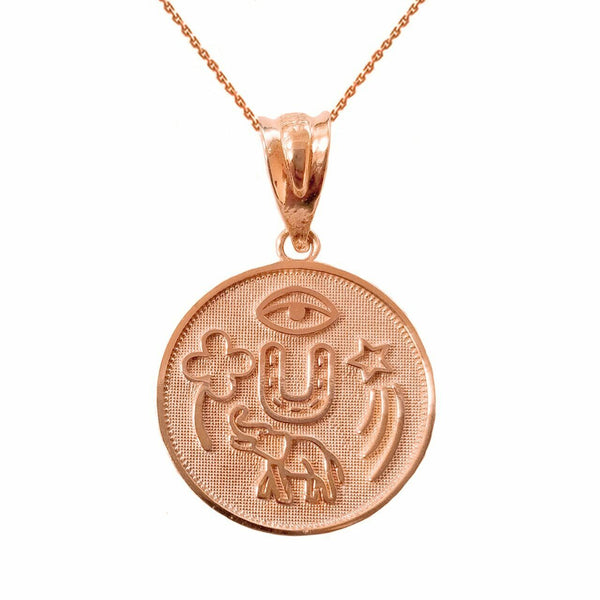 10k 14k Solid Gold Lucky Charms Amulet Good Luck Disc Medallion Pendant Necklace