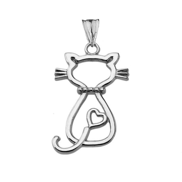 Solid 14k White Gold Openwork Backwards Cat Pendant Necklace