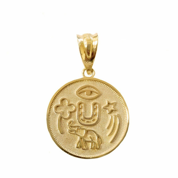 10k 14k Solid Gold Lucky Charms Amulet Good Luck Disc Medallion Pendant Necklace