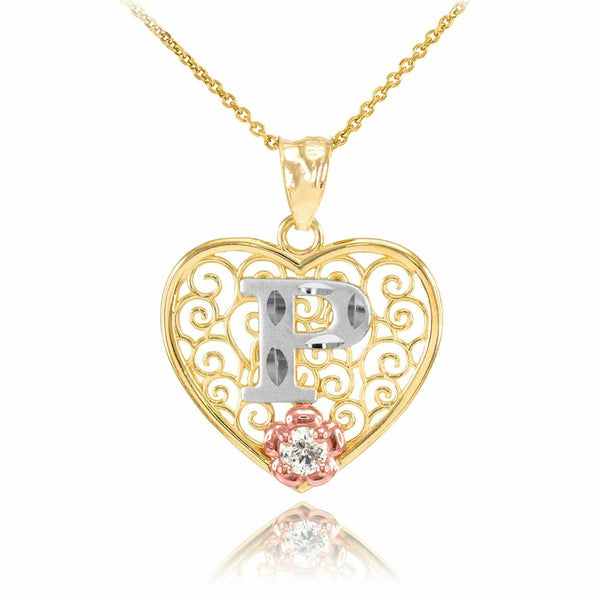 10k Solid Gold Initial Letter P Heart Filigree CZ Pendant Necklace Two Tone