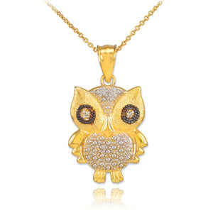 14K Solid Gold Owl Diamonds Pendant Necklace - Yellow, Rose, or White