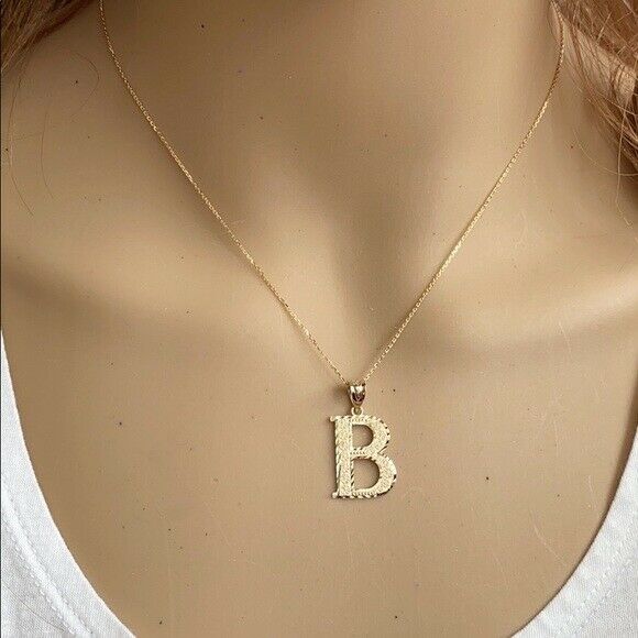 10k Solid Real Yellow Gold Initial Letter B Pendant Necklace - Diamond Cut