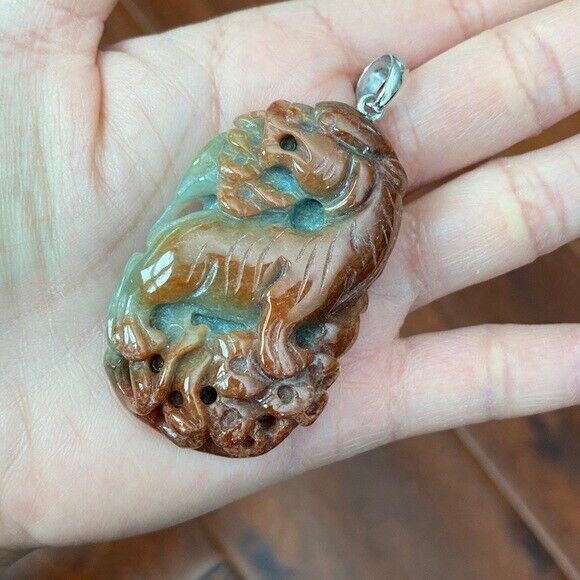 925 Sterling Silver Carving Roaring Tiger Heavy Red Jade Pendant Necklace Men