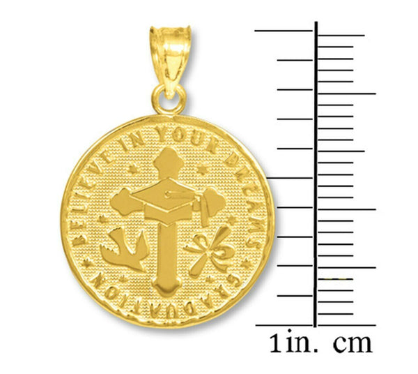 10K Solid Gold Reversible Christian/Catholic Graduation Medallion Pendant