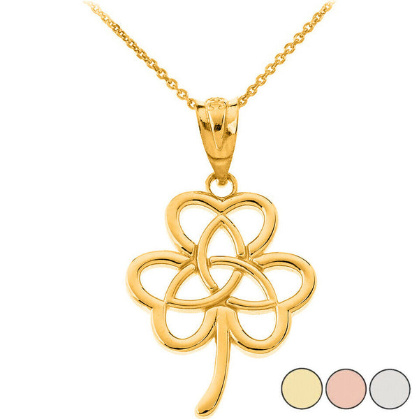 10K Solid Gold Celtic Triquetra Trinity Knot Flower Pendant Necklace