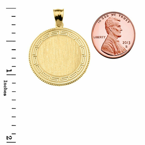 Solid 14k Yellow Gold Greek Key Engravable Round Pendant Necklace