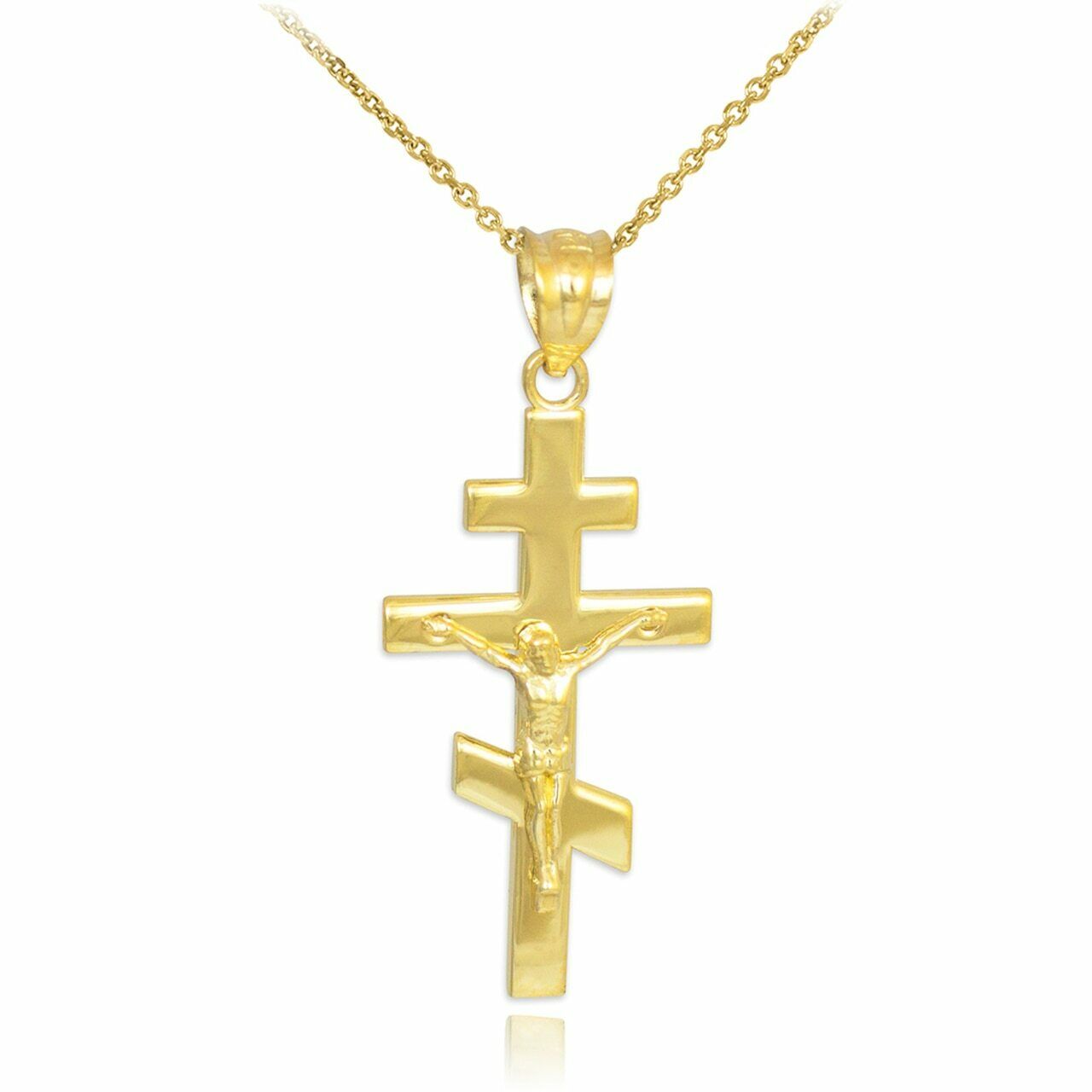 Solid 10k Yellow Gold Russian Orthodox Crucifix Pendant Necklace