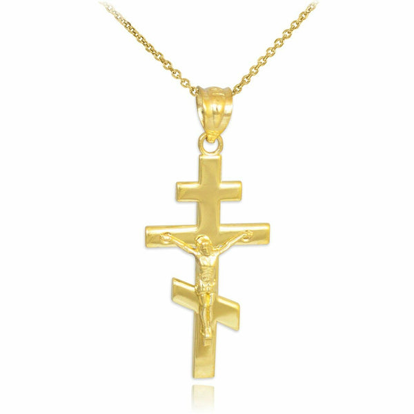 Solid 10k Yellow Gold Russian Orthodox Crucifix Pendant Necklace