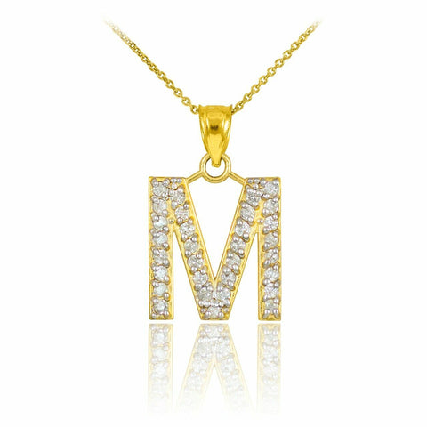 14k Solid Yellow Gold Diamonds Monogram Initial Letter M Pendant Necklace
