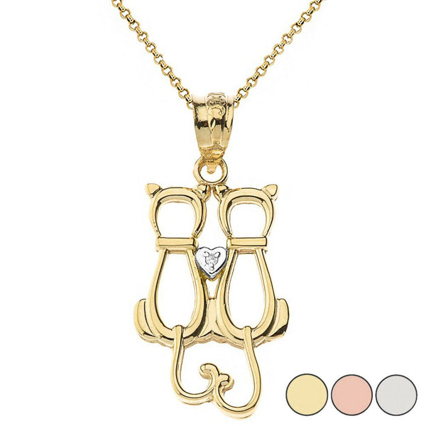 14K Solid Gold A Pair of Love Cats Heart Diamond Pendant Necklace