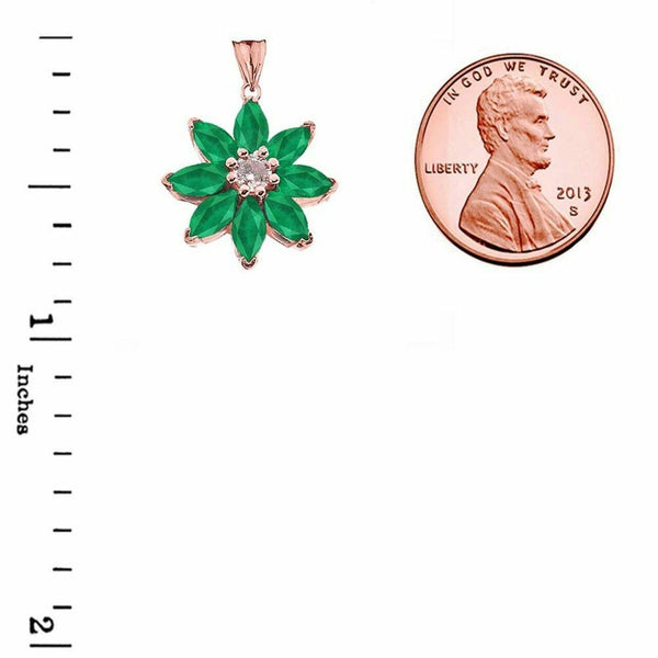 Solid 10k Rose Gold Genuine Emerald and Diamond Daisy Pendant Necklace