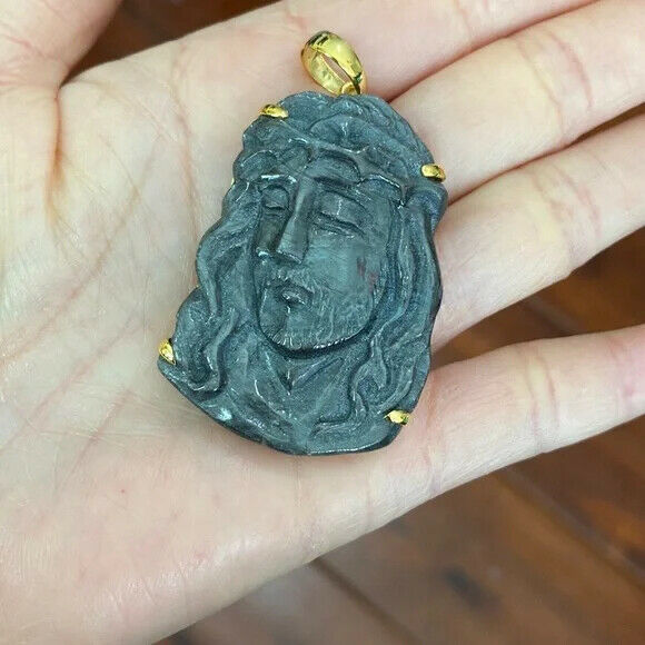 14K Real Solid Gold Natural Sapphire Carved Jesus Christ Head Face Pendant Large