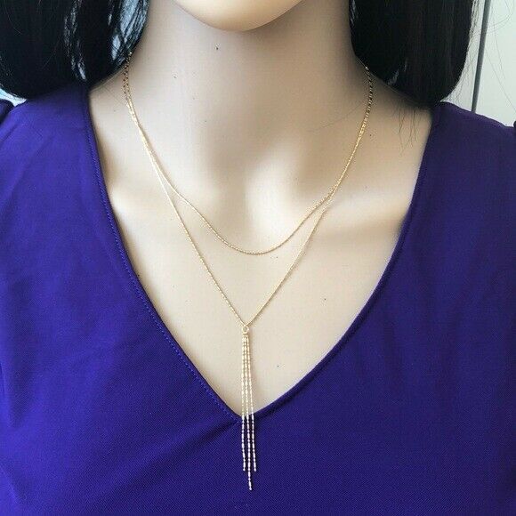 14K Solid Yellow Gold Double Strand Bead Layer Dangle Drop Choker Necklace