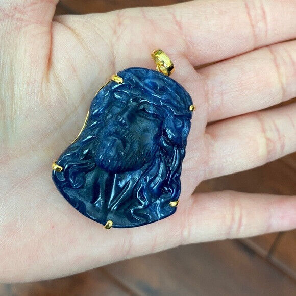 14K Real Solid Gold Carving Jesus Sodalite Christ Head Pendant Charm Large