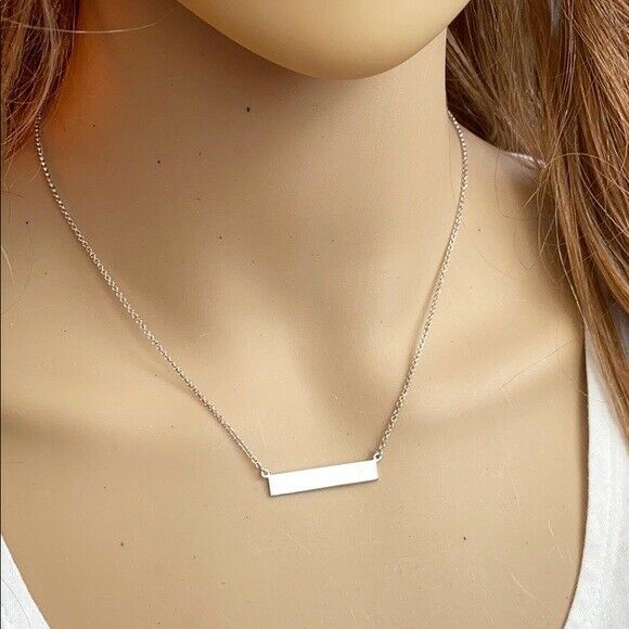 Sterling Silver White Gold Plated Horizontal Bar Geometric Necklace Minimalist