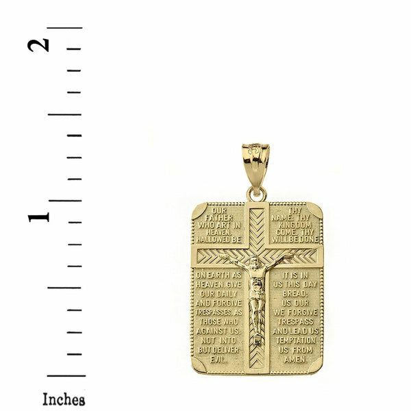 Solid 14k Yellow Gold The Lord's Our Father Prayer Crucifix Pendant Necklace