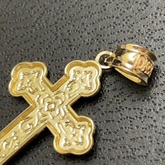 Solid Yellow Gold 10K Greek Orthodox Floral Rose Cross Pendant Necklace