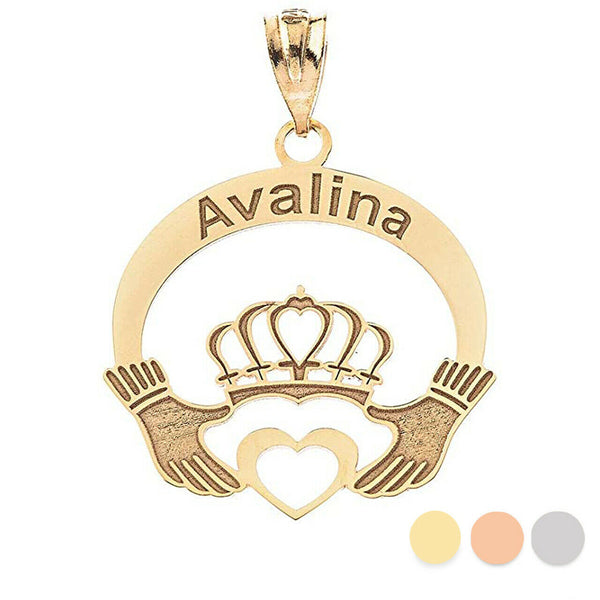 Personalized Name 10k 14k Solid Gold Open Heart Claddagh Pendant Necklace