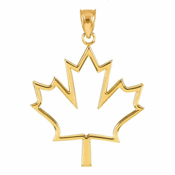 14K Solid Yellow Gold Open Design Maple Leaf Pendant Necklace