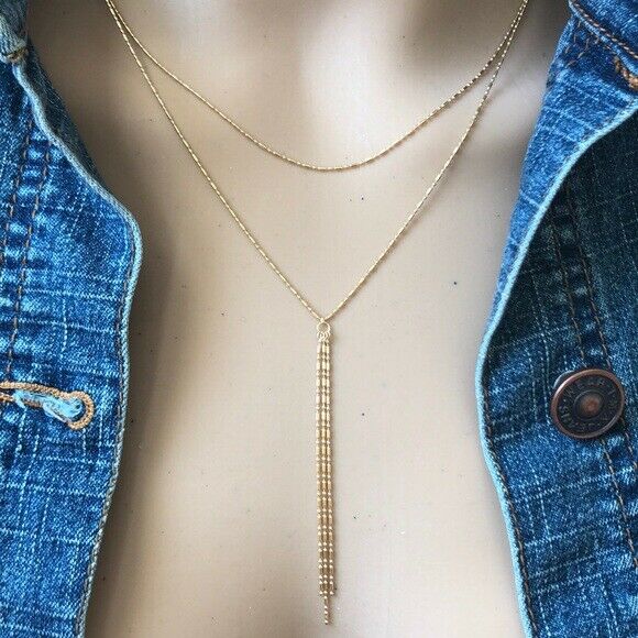 14K Solid Yellow Gold Double Strand Bead Layer Dangle Drop Choker Necklace