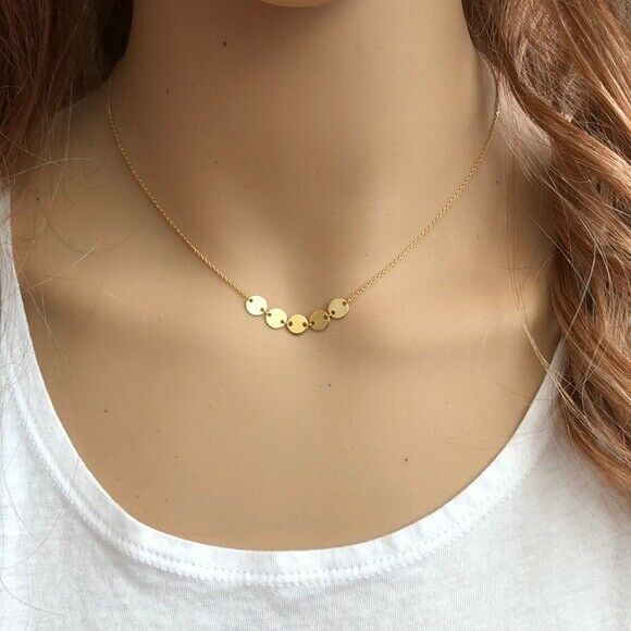 14K Solid Rose Gold 5 Dangle Mini Disc Disk Choker Necklace Adjustable 16"