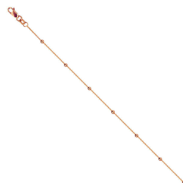 14K Solid Rose Gold Bead Station Cable Chain Anklet - Yellow 9"-10" adjustable