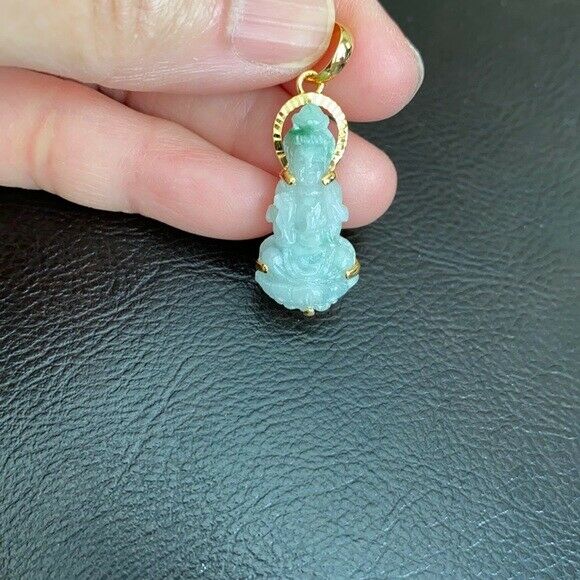 14k Solid Gold Natural Jadeite Jade Kwan Quan Yin Green Female Buddha Pendant S