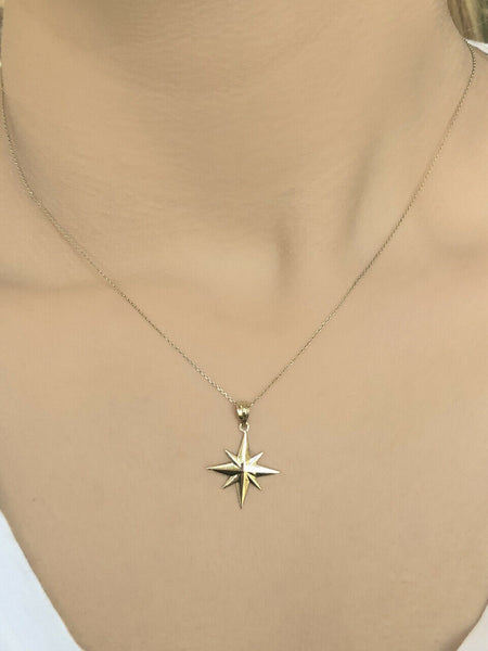 14K Solid Yellow Gold North Star Pendant Charm Necklace 16" 18" 20" 22"