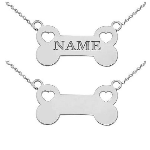 Personalized Engrave Name Silver Dog Bone Sideways Heart Pendant Necklace