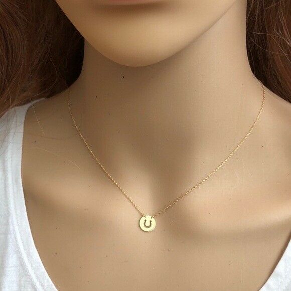 14K Solid Gold Mini Disk Horse Shoe Dainty Necklace - Minimalist Yellow 16"-18"