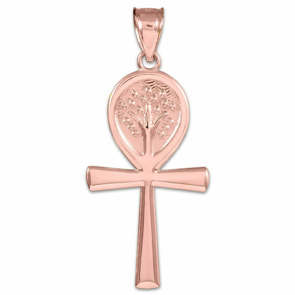 14K Real Rose Gold Ankh Cross Tree of Life Pendant Necklace