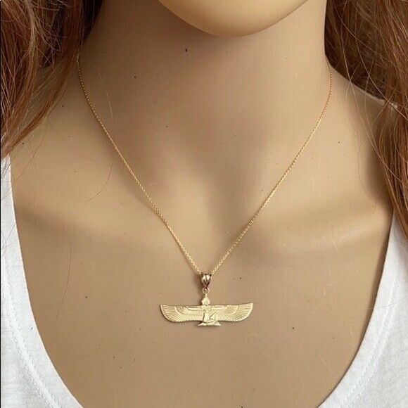 10K Solid Gold Egyptian ISIS Goddess of Life and Magic Winged Pendant Necklace