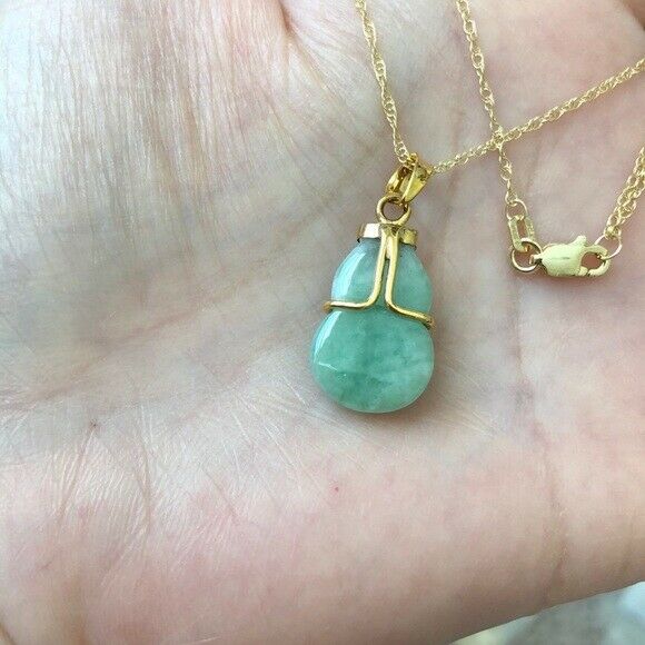 14K Solid Gold Natural Real Jade Gourd Bottle Bow Pendant Necklace -Minimalist