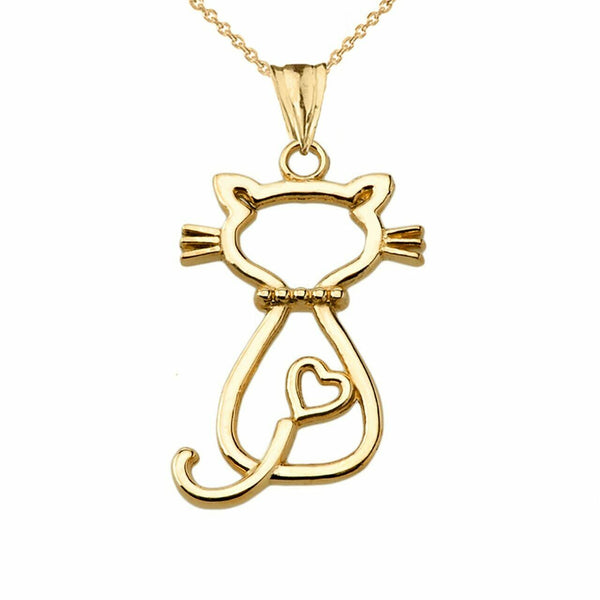 Solid 14k Yellow Gold Openwork Backwards Cat Pendant Necklace