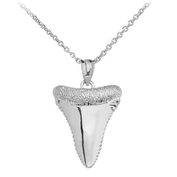 14k White Gold Polished Shark Tooth Pendant Necklace 16" 18" 20" 22"