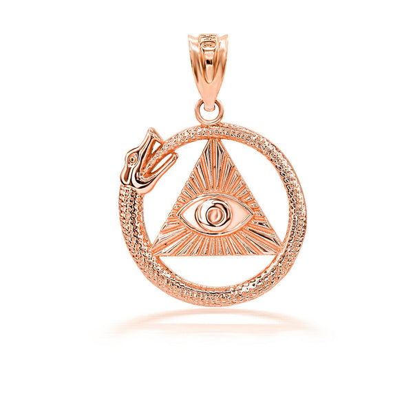 10K Solid Yellow Gold 3D Pyramid Eye of Horus Ouroboros Pendant Necklace