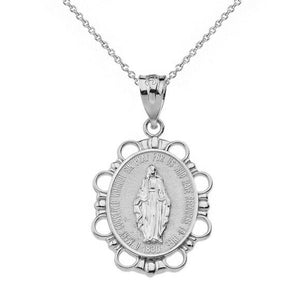 Sterling Silver Miraculous Medal of Our Lady of Graces Pendant Necklace