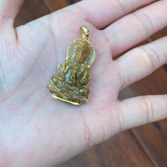 14K Solid Gold Guanyin Kwan Yin Female Buddha Natural Red Jade Pendant