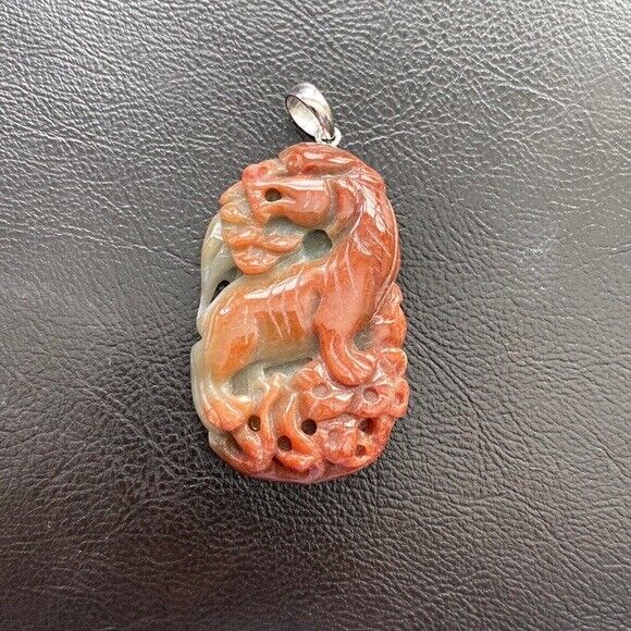 925 Sterling Silver Carving Roaring Tiger Heavy Red Jade Pendant Necklace Men