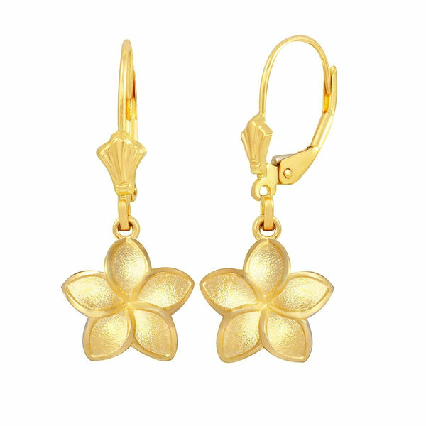Solid 10k / 14k Yellow Gold Small Five Petal Plumeria Flower Matte Earrings Set