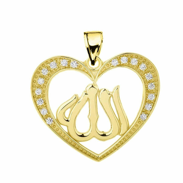 10k Solid Yellow Gold Cubic Zirconia Heart with Allah Pendant Necklace