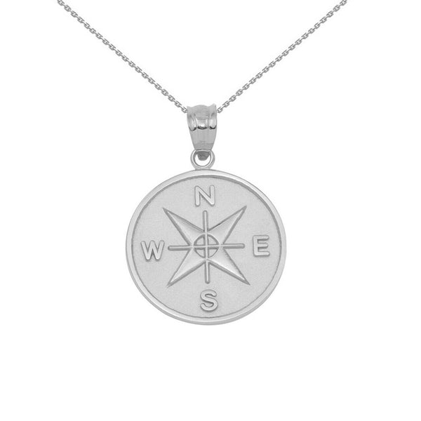 Sterling Silver North South East West Compass Travel Medallion Pendant Necklace